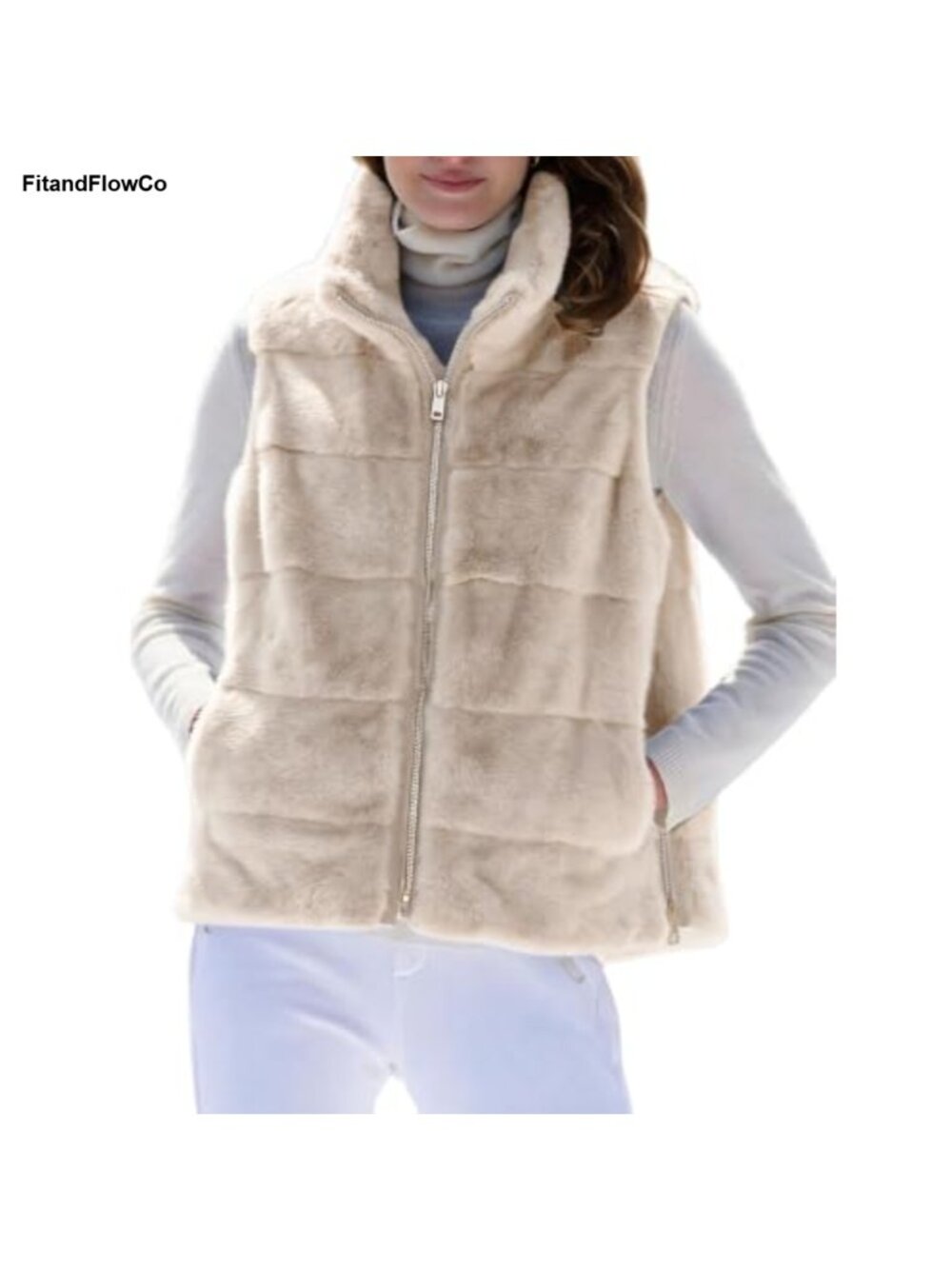 Women's Sleeveless Zip Up Faux Fur Vest Jacket Coat